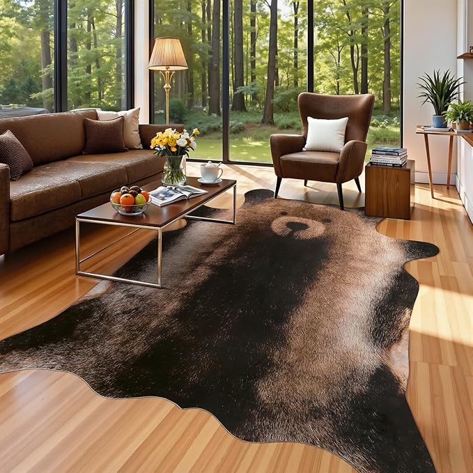 AROGAN Premium Bear Print Rug 6.2x7 Feet, Machine Washable Faux Fur Rug, Non-Slip Animal Print Hide Bear Skin Area Rug for Bedroom Living Room Home Decor
