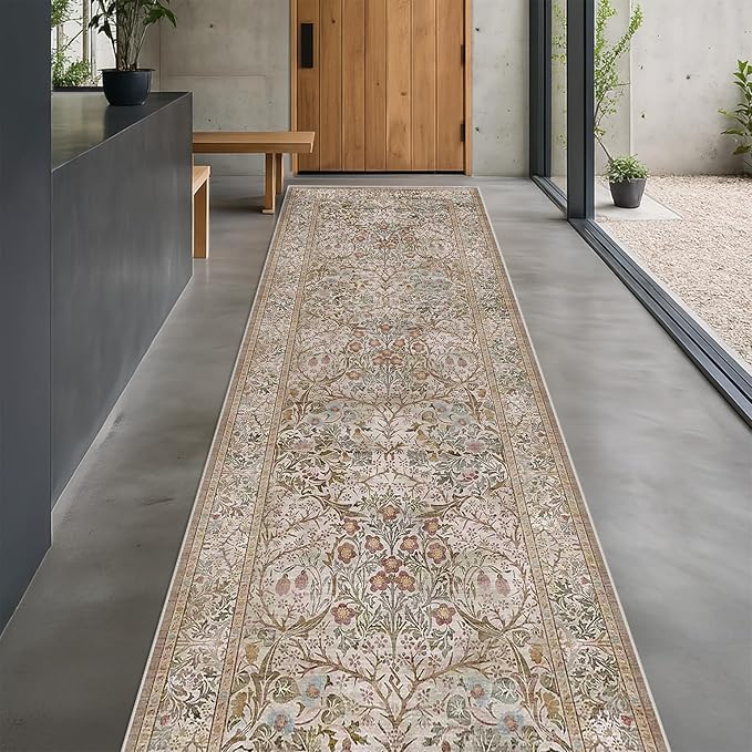 Moss Green 3x10 ft Extra Long Wide Runner Rug for Hallway Non Slip Washable, Large Kitchen Indoor Floor Rugs for Entryway Bathroom Bedroom, Stain Resistant Vintage Neutral Floral Carpet