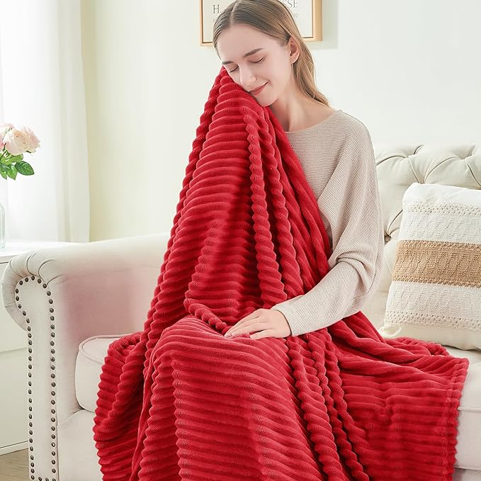 BEDELITE Fleece Blanket Twin Size – 3D Ribbed Jacquard Soft and Warm Decorative Fuzzy Blankets – Cozy, Fluffy, Plush Lightweight Throw Blankets for Couch, Bed, Sofa(Red, 60x80 inches)
