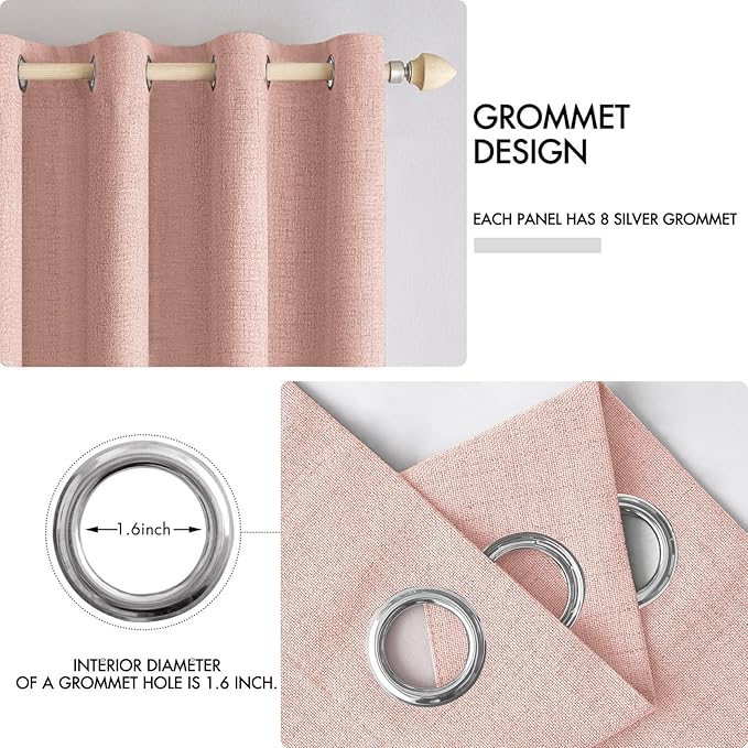 MIULEE Linen Curtains for Bedroom 100% Blackout Thermal Insulated Blush Pink Grommet Room Darkening Curtains & Drapes for Living Room Nursery 52 x 90 Inch (2 Panels)