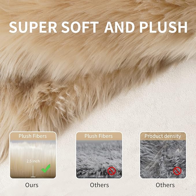 Faux Fur Rug, Beige Small Fluffy Rug for Sofa Chair Couch Cover 2x4 Feet, Ultra Soft Fuzzy Shag Rug for Bedroom, Indoor Shaggy Plush Floor Carpets Luxury Home Decor for Bedside