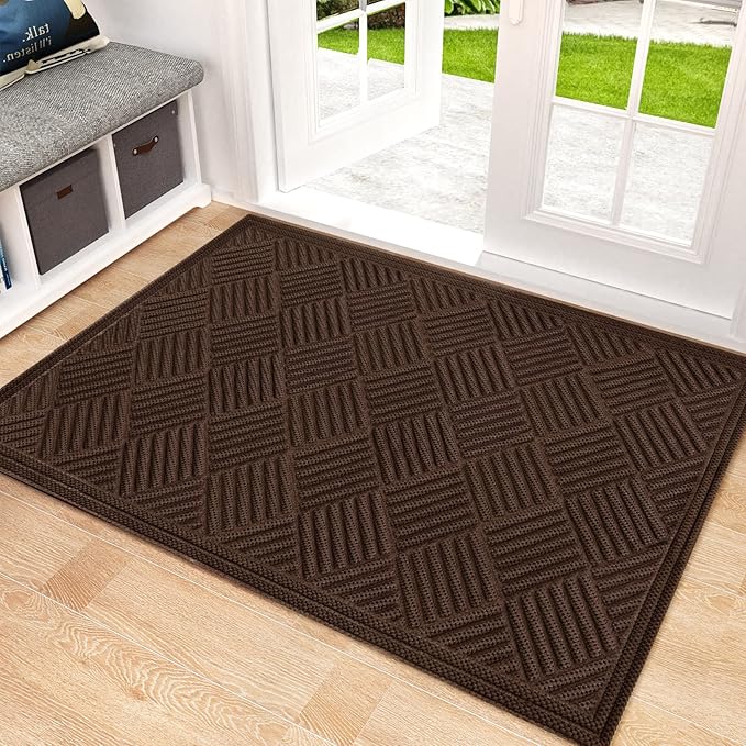 Mibao Front Door Mat, Dirt Trapper Welcome Mat for Outdoor Indoor, Non-Slip Waterproof Doormat, Durable Machine Washable Low Profile Entry Rug for Back Door Outside Patio, 61.5" x 36", Coffee Grid