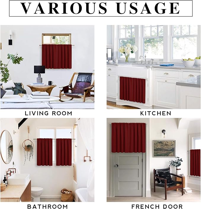 RYB HOME Blackout Curtains for Bedroom Living Room 63 inches Long, Thermal Insulated Privacy Rod Pocket Drapes for Nursery Office Home Theater, Width 34 by Length 63, Burgundy Red, 2 Panels
