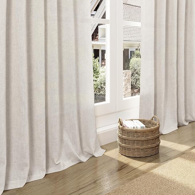 Nanspring Pearl White Curtains 90 Inches Long for Living Room Linen Light Filtering Semi Sheer Curtain Back Tab Rod Pocket Coastal Decor Neutral Elegant Gray Drapes for Bedroom 52x90, 2 Panels
