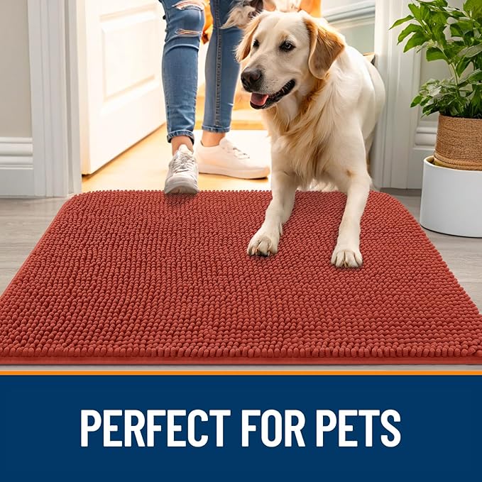 OLANLY Dog Door Mat for Muddy Paws 70x24, Absorbs Moisture and Dirt, Absorbent Non-Slip Washable Doormat, Quick Dry Chenille Mud Mat for Dogs, Entry Indoor Entryway Carpet for Inside Floor, Maple Red