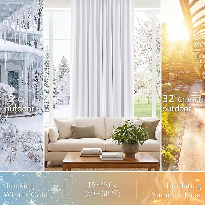 PONY DANCE 50% Light Filtering Curtains 96 inch Long, Non-See-Through Curtains for Bedroom, Thermal Insulated Drapes for Living Room Window with Back Tab, 52 x 96 Inch,2 Panels Set, Pure White