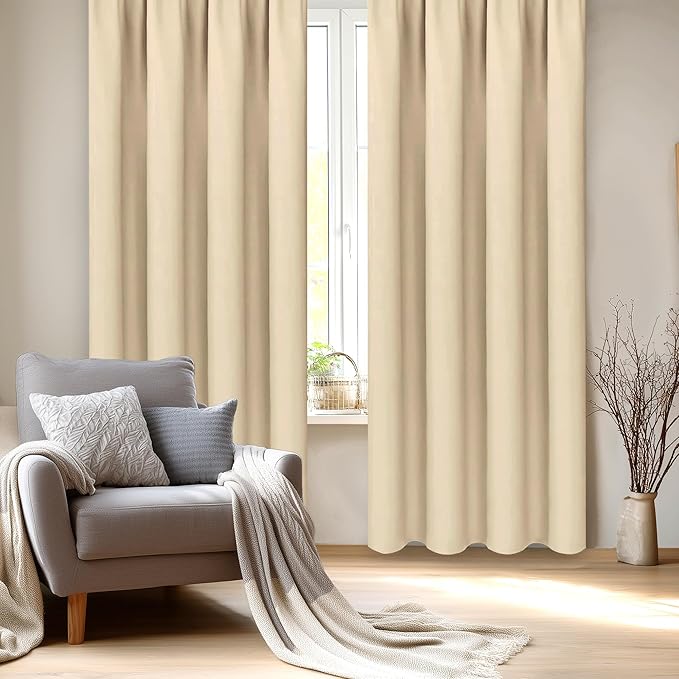 DWCN Blackout Curtains Room Darkening Thermal Insulated Bedroom Curtains Window Curtain Panels, 38 x 84 inches Long, Set of 2 Beige Rod Pocket Drapes