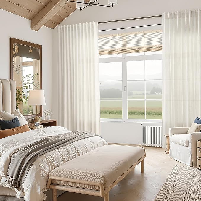Nanspring Natural Linen Curtains 102 Inches Long for Living Room Rustic Light Filtering Semi Sheer Curtains Back Tab and Rod Pocket Farmhouse Decor Curtain for Bedroom Office 52x102, 2 Panels