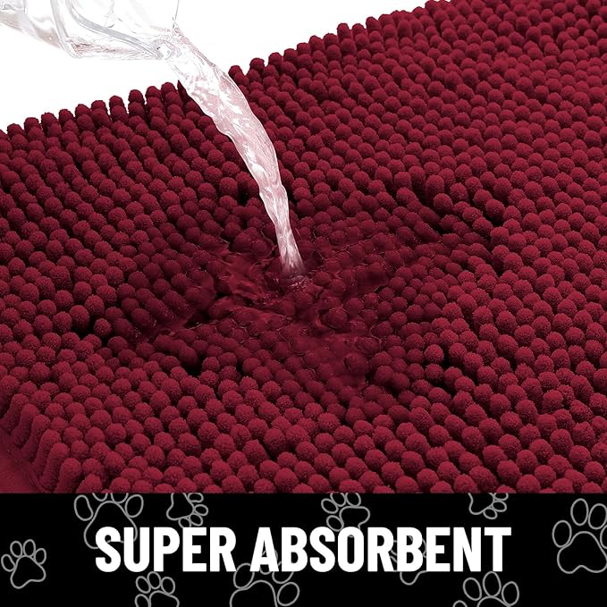 Smiry Dog Door Mat for Muddy Paws, Absorbent Dirt Trapper Non Slip Quick Dry Washable Chenille Mat for Mud Dogs, Entry Rug for Indoor and Outdoor (30x20 Inches, Burgundy and White)