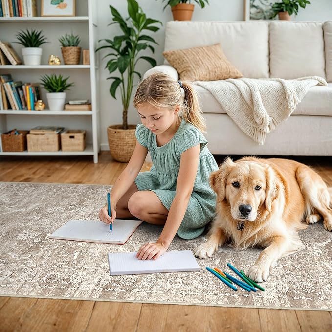 2'6"x8' Washable Hallway Runner Rug - Non Slip Kitchen Runner Rugs with Rubber Backing Vintage Low-Pile Carpet Runners for Entryway Dining Room Laundry Room Home Decor (Beige)