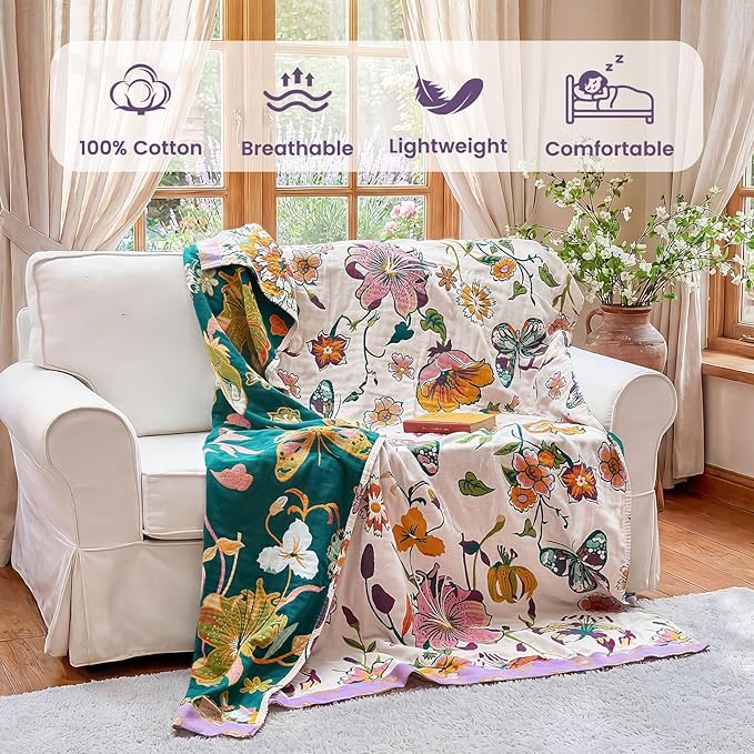 MSGKV Boho Throw Blanket 50"x60" Floral Blanket for Couch Sofa 100% Cotton Spring Breathable Lightweight Farmhouse Blankets All Seasons Home Decor Muslin