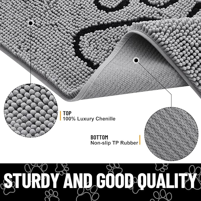 Smiry Dog Door Mat for Muddy Paws, Absorbent Dirt Trapper Non Slip Quick Dry Washable Chenille Mat for Mud Dogs, Entry Rug for Indoor and Outdoor (59x35 Inches, Grey and Black)
