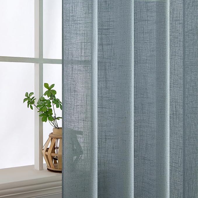 MIULEE Dusty Blue Linen Curtains 90 Inch Long 2 Panels for Bedroom Living Room, Soft Thick Linen Textured Window Drapes Semi Sheer Light Filtering Rod Pocket Back Tab Light Blue Burlap Look Decor