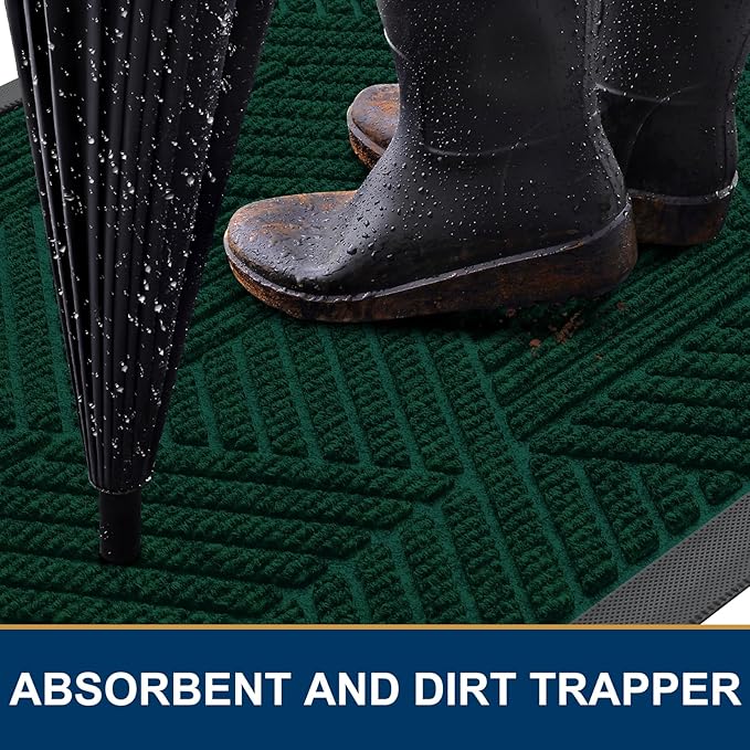 Smiry Front Door Mat Outside Entrance, Heavy Duty Sturdy Natural Rubber Doormat, Trap Dirt and Moisture, Easy Clean Low Profile Mats for Indoor Outdoor Entry, Irregular Triangle (47x32, Deep Green)