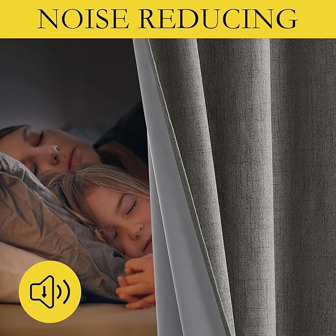 NICETOWN Grizzle Gray Vintage Linen 100% Blackout Curtains for Living Room, Thermal Insulated Curtains 45" Long, Noise Reducing Window Treatment Drapes for Hall Room, 52" Wide Per Panel, Set of 2