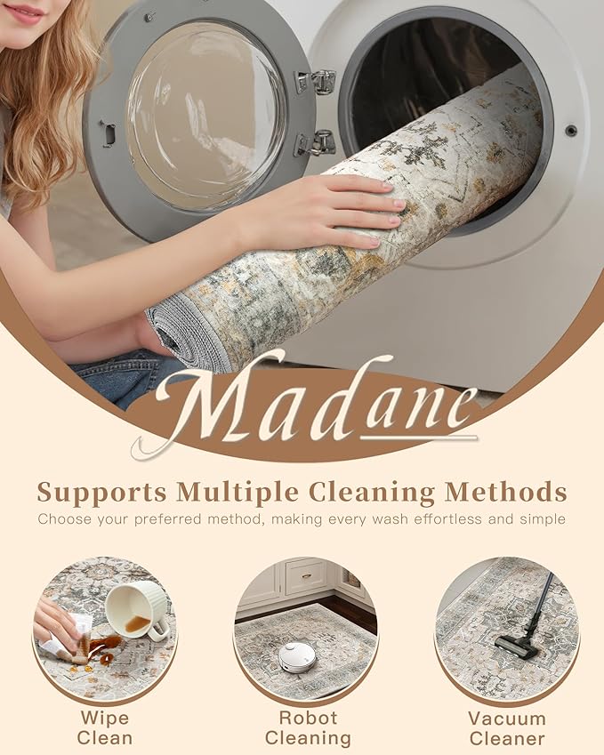 Madane Washable Runner Rug - 2x6 Rug Runners for Hallways 6 Foot Non Slip Vintage Kitchen Runner Rug Ultra-Thin Bathroom Runner Rugs Carpet Laundry Room Bedroom (2x6ft, Light Taupe Brown)