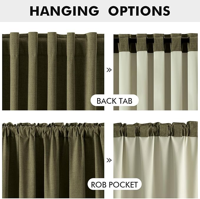 MIULEE 100% Blackout Linen Curtains for Bedroom, Light Olive Green Solid Luxury Decor Thermal Insulation Room Darkening Drapes for Living Room Nursery Back Tab Rod Pocket 42 x 96 Inches, 2 Panels