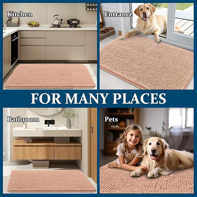 OLANLY Dog Door Mat for Muddy Paws 47x20, Absorbs Moisture and Dirt, Absorbent Non-Slip Washable Doormat, Quick Dry Chenille Mud Mat for Dogs, Entry Indoor Entryway Carpet for Inside Floor, Peach