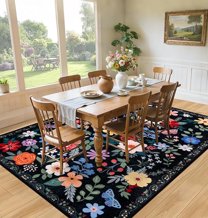 Area Rug Living Room Rugs: Floral 4x6 Washable Rug Vintage Soft Boho Non-Slip Carpet Indoor Floor Stain Resistant Large Carpets for Bedroom Dining Room Farmhouse Nursery Hallway Home Office Black