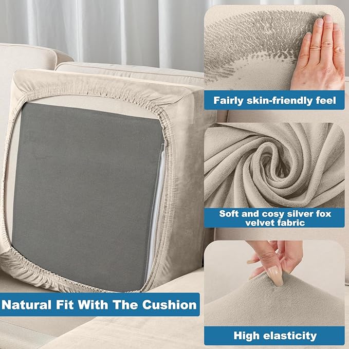 Couch Cover Stretch Velvet Sofa Cushion Cover 1-Piece - Elastic Washable Slipcover for Seat or Backrest, Couch Seat Covers for Sofas (Taupe)