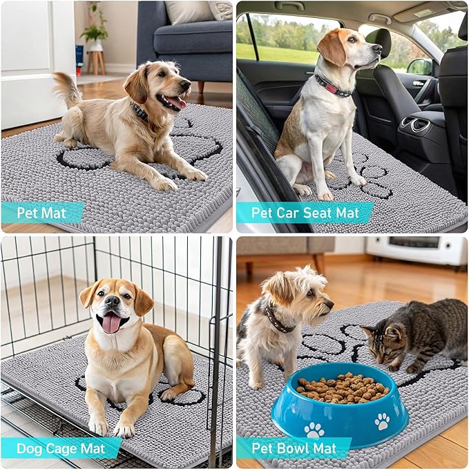 OLANLY Dog Door Mat for Muddy Paws 36x24, Paw Print Design, Absorbs Moisture and Dirt, Non-Slip Washable Doormat, Quick Dry Chenille Mud Mat for Dogs, Entry Indoor Entryway Carpet, Light Grey