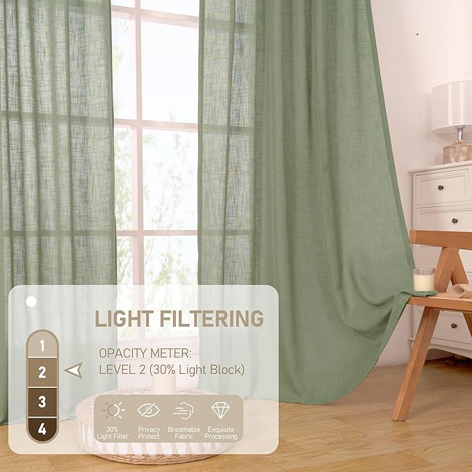 LAMIT Small Window Linen Curtains 45 Inches Long, Semi Sheer Light Filtering Panels Back Tab and Rod Pocket Drapes for Basement/Window/Kitchen, Sage Green, 2 Panels, 34 x 45 Inch