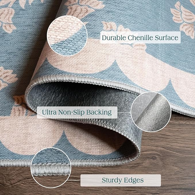 Floral Outdoor Rug - 28" x 43" Front Door Mat Indoor Outside Entrance Non-Slip Washable Outdoor Mat Blue Farmhouse Scalloped Rug for Entryway Kitchen Bedroom Layered Doormat for Front Porch