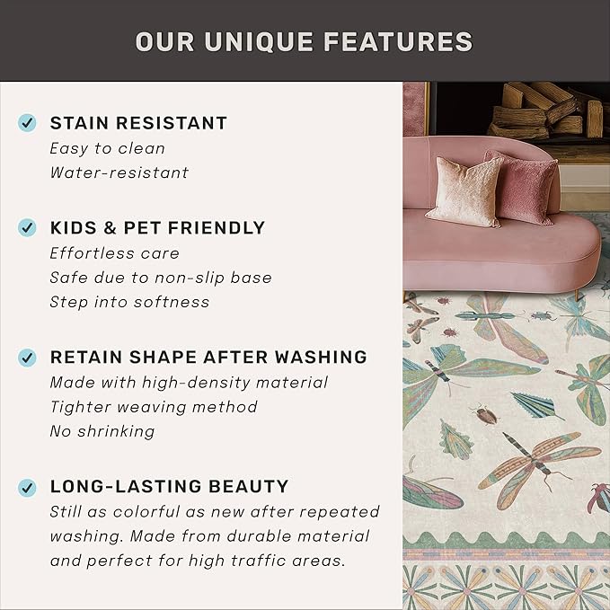 Hazo Haus Green and Blue Insect 6ft Round Soft Rugs for Nursery, Bedroom Beside Bed - Non Skid Rug Low Pile Washable Living Room Rugs, Forest Butterfly Design Stain Resistant Home Décor