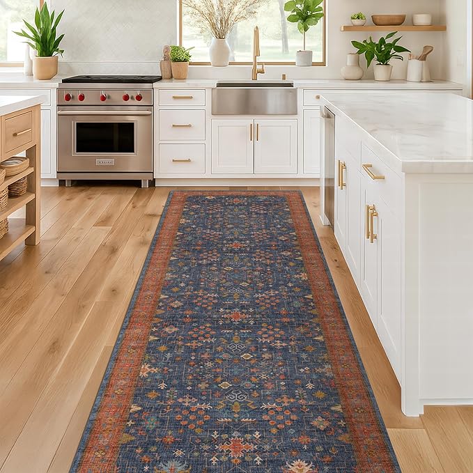 Washable 12 ft Long Runner for Hallway - Navy Blue Kitchen Floor Runner Rug, Pet Friendly Waterproof Non Slip with Rubber Backing, Stain Resistant Laundry Room Rug (3x12 Navy Blue & Terracotta)