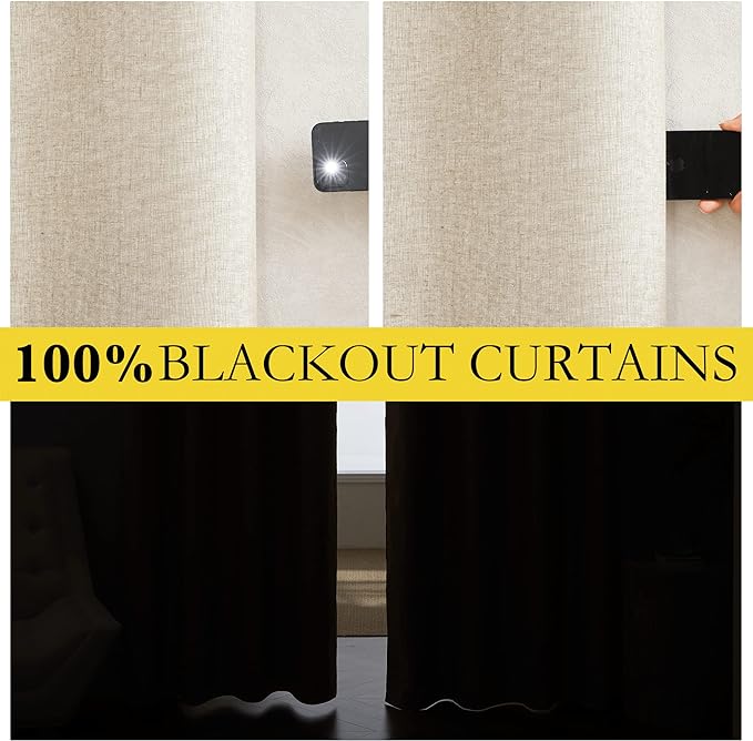 NICETOWN 100% Blackout Linen Texture Curtains 70" Long, Beige, 2 Pcs, Thermal Insulated Full Blackout 2-Layer Lined Drapes, Energy Efficiency Window Draperies for Boy's Room
