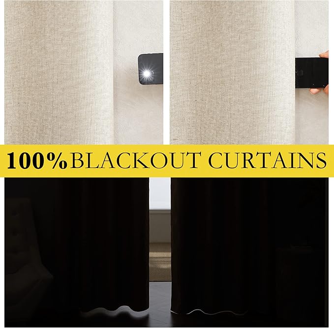 NICETOWN 100% Absolutely Blackout Linen Curtains with Thermal Insulated White Liner, Beige, W62, 2 Pieces, Noise Reducing Textured Linen Look Curtains for Windows 102 inch Length for Classroom
