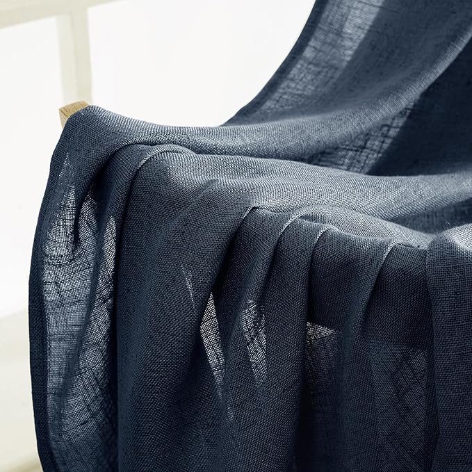 MIULEE Navy Blue Linen Curtains 54 Inch Length 2 Panels for Bedroom Living Room, Soft Thick Linen Textured Natural Short Window Drapes Semi Sheer Light Filtering Back Tab Rod Pocket Burlap Look Decor