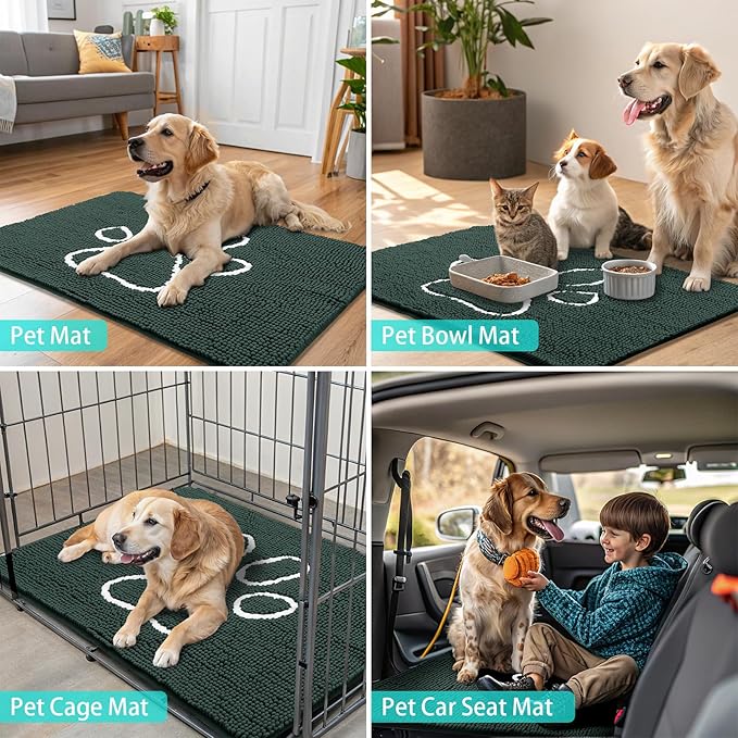 Smiry Dog Door Mat for Muddy Paws, Absorbent Dirt Trapper Non Slip Quick Dry Washable Chenille Mat for Mud Dogs, Entry Rug for Indoor and Outdoor (47x24 Inches, Green and White)