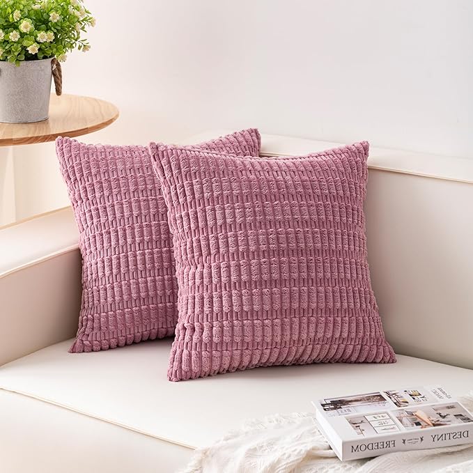 Pack of 2 Corduroy Decorative Throw Pillow Covers 22x22 Inch Soft Striped Pillow Covers Modern Farmhouse Home Decor for Sofa Living Room Couch Bed（Pink）