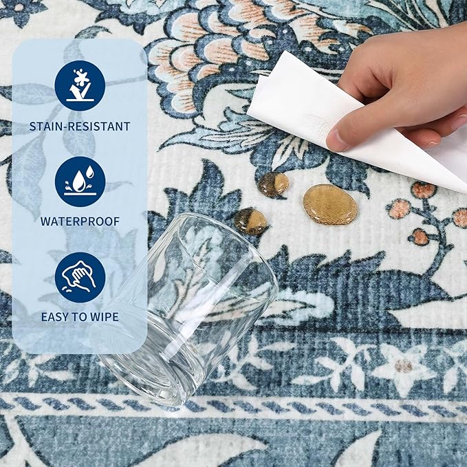 GarveeHome Provence Misty Blue 3x5 Rug Washable Non-Slip Low-Pile Indoor Rugs for Entryway Botanical Grove Vintage Boho Cottage Throw Carpet for Kitchen Bedroom Living Room Bathroom Mat
