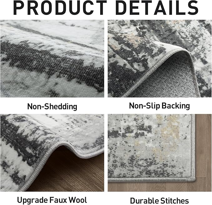 9x12 Area Rugs Washable Rug: Modern Abstract Living Room Rug Soft Anti-Skid Thin Carpet Indoor Floor Non-Shedding Carpets for Bedroom Dining Room Farmhouse Nursery Home Office Black Grey Gold