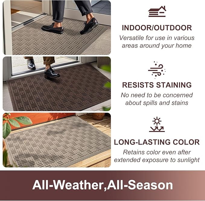 Mibao Front Door Mat Indoor Outdoor Entrance, Dirt Trapping Waterproof All-Season, All-Weather Doormat, Non-Slip Durable Natural Rubber Low Profile Easy Clean Patio Entrance Mat, 47" x 31.5", Coffee