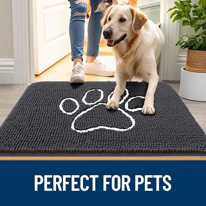 OLANLY Dog Door Mat for Muddy Paws 35x24, Paw Print Design, Absorbs Moisture and Dirt, Absorbent Non-Slip Washable Doormat, Quick Dry Chenille Mud Mat for Dogs, Entry Indoor Entryway Carpet, Dark Grey