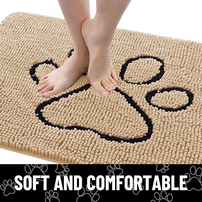 Smiry Dog Door Mat for Muddy Paws, Absorbent Dirt Trapper Non Slip Quick Dry Washable Chenille Mat for Mud Dogs, Entry Rug for Indoor and Outdoor (30x20 Inches, Beige and Black)
