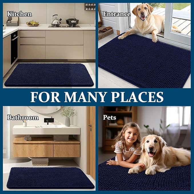 OLANLY Dog Door Mat for Muddy Paws 47x32, Absorbs Moisture and Dirt, Absorbent Non-Slip Washable Doormat, Quick Dry Chenille Mud Mat for Dogs, Entry Indoor Entryway Carpet for Inside Floor, Navy Blue