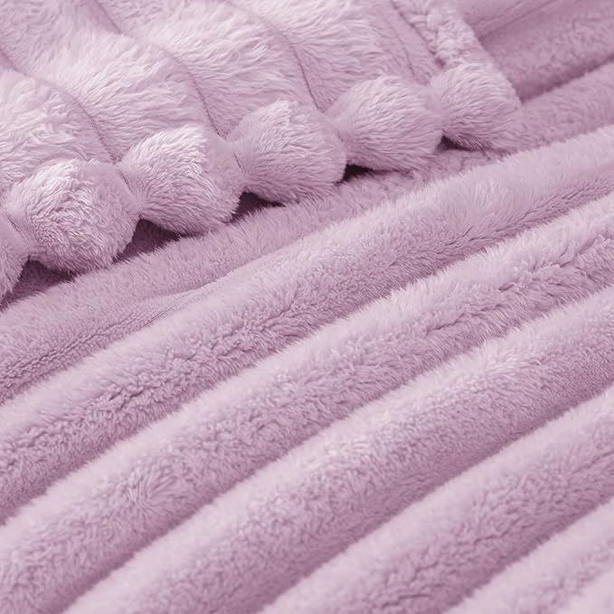 Exclusivo Mezcla Queen Size Flannel Fleece Blanket, Super Soft Striped Jacquard Bed Blanket, Lightweight Fuzzy Cozy for All Seasons, 90x90 Inches, Lilac Purple