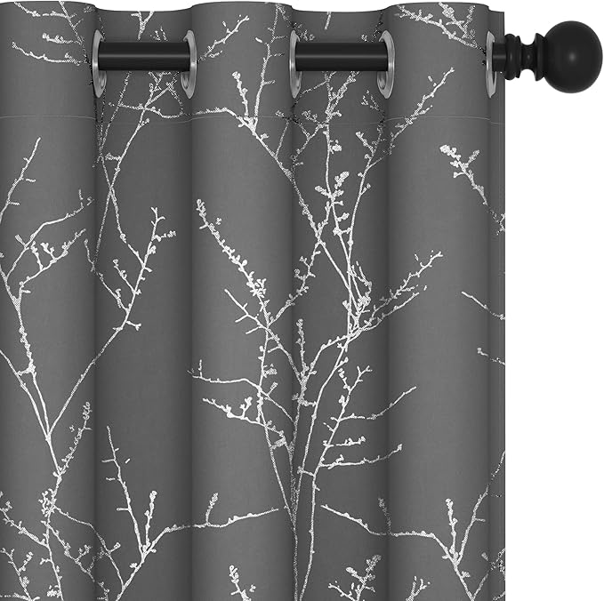 Deconovo Grey Blackout Curtains for Bedroom, Thermal Insulated Soundproof Drapes, Silver Branch Foil Print, 42 x 84 Inches Long, 2 Panels, Machine‑Washable Grommet Window Panel for Living Room Office