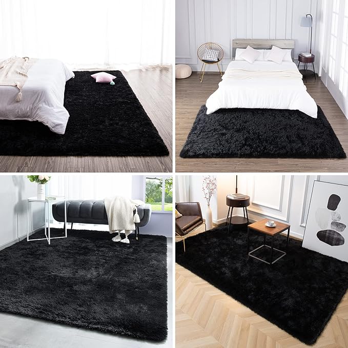 TWINNIS Super Soft Shaggy Rugs Fluffy Carpets, 10x14 Feet, Indoor Modern Plush Area Rugs for Living Room Bedroom Kids Room Nursery Home Decor, Upgrade Anti-Skid Rectangular Fuzzy Rug, Black