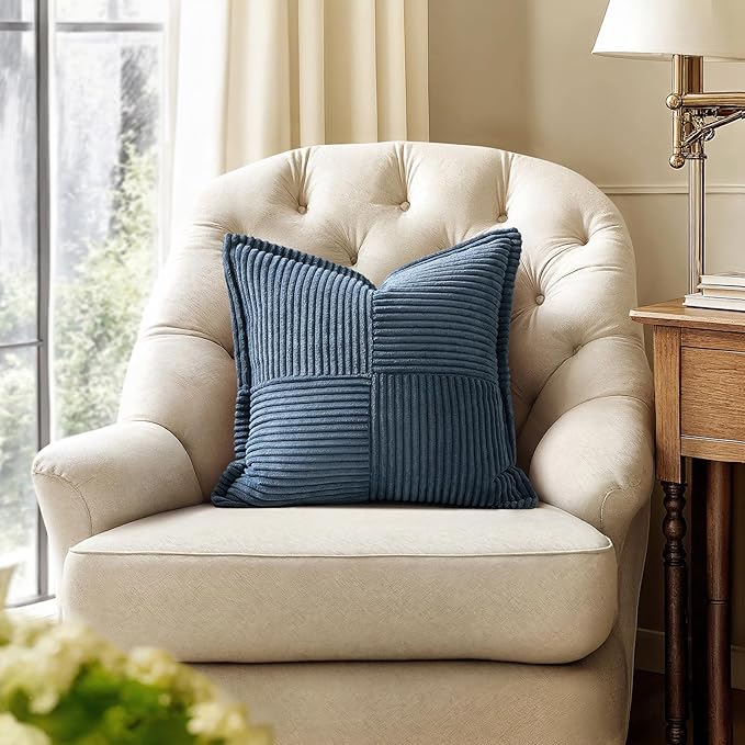 MIULEE Blue Corduroy Pillow Covers 16x16 Inch with Splicing Set of 2 Soft Boho Striped Pillow Covers Broadside Decorative Textured Summer Coastal Pillowcases for Couch Cushion Bed Livingroom