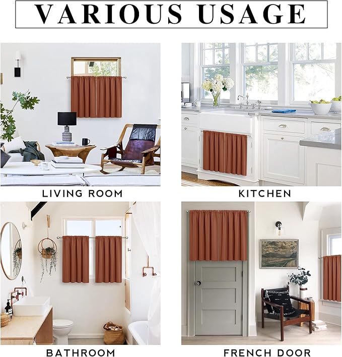 RYB HOME Blackout Cafe Curtains 30 inch Length, Short Light UV Heat Blocking Energy Saving Privacy Curtain Tiers for Basement Bathroom Kitchen Window, Width 29 by Length 30, Burnt Orange, 2 Panels