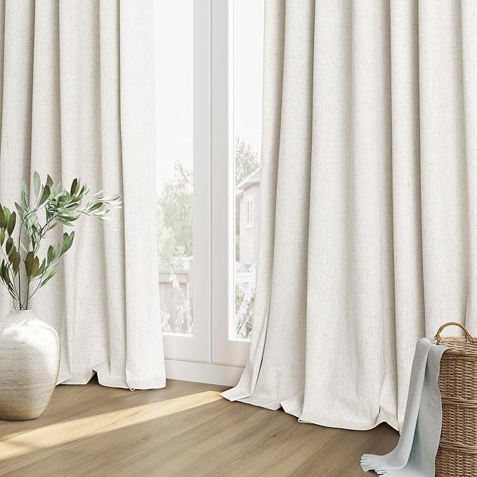 Guken Cream 100% Blackout Linen Curtains 102 Inch Length 2 Panels Set for Living Room Bedroom Back Tab/Rod Pocket Thermal Insulated Black Out Drapes Room Darkening Farmhosue Window Curtains