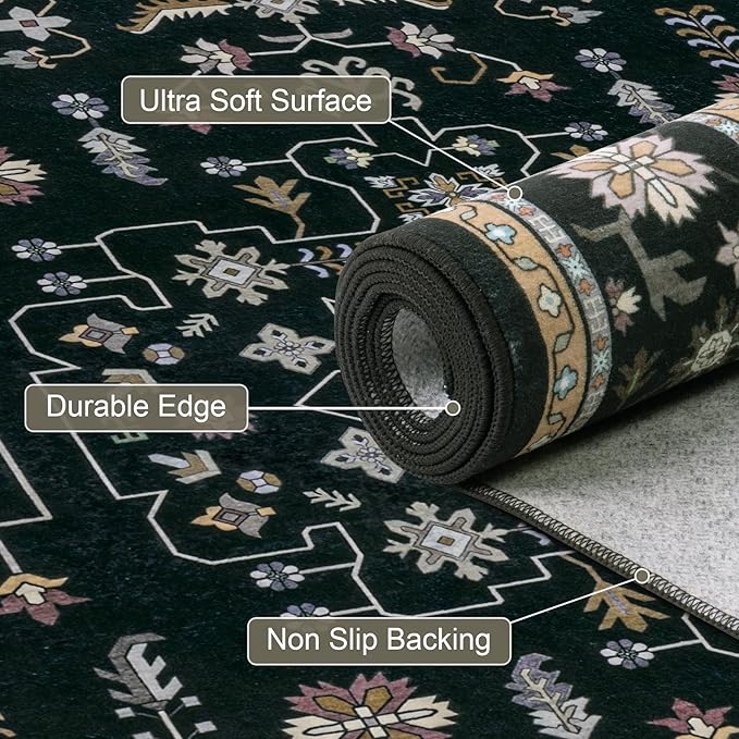 8x10 Area Rugs for Living Room: Washable Rug Soft Vintage Boho Medallion Carpet Indoor Floor Non-Slip Stain Resistant Large Carpets for Bedroom Dining Room Farmhouse Nursery Home Office Black