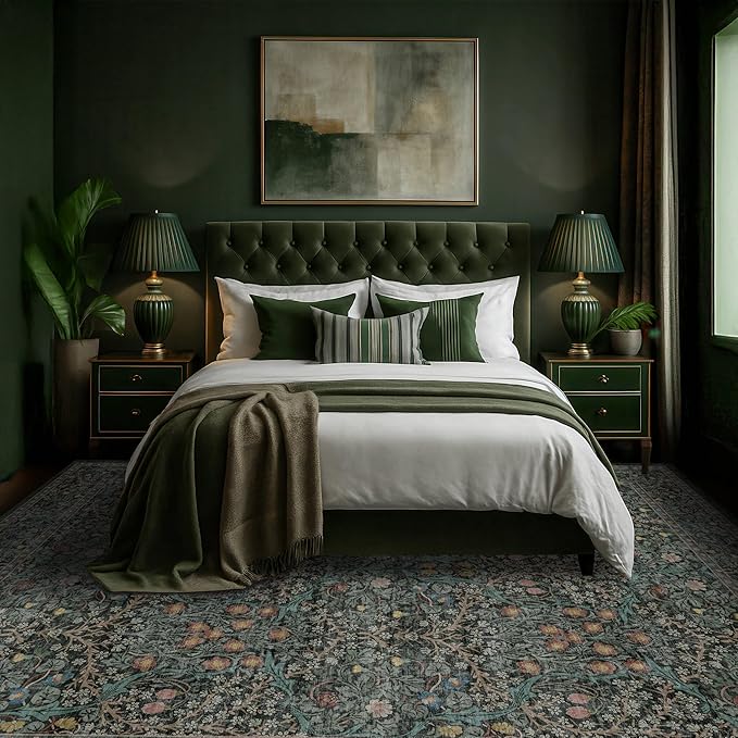 Washable Dark Green Rug for Living Room - 9x12 Large Area Rug for Dining Room Under Table, Bedroom, Soft Low Pile Non-Slip Stain Resistant Carpet - Vintage Floral Design (9x12 Dark Green)