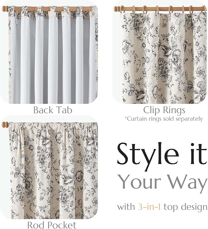 jinchan Blackout Floral Curtains for Living Room Bedroom Linen Blend Curtain Farmhouse Black Printed with Lined Back Tab Rod Pocket Drapes Window Treatments 2 Panels 84 Inch