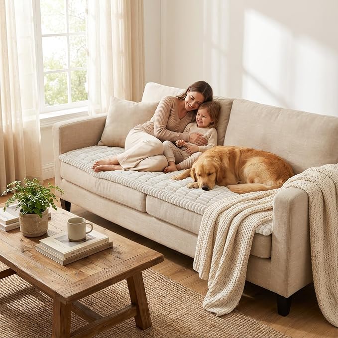 Smiry Couch Cover for Dogs Washable, Non Slip Fuzzy Pet Couch Covers for 3 Cushion Sofa Pet Friendly, Thick Soft Sofa Slipcovers Cushion Protector (White, 27.6" x 27.6")